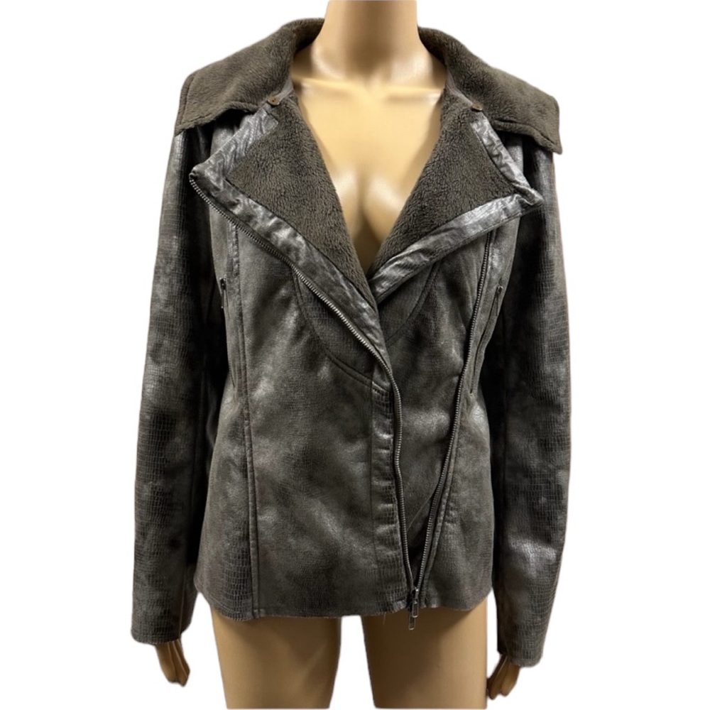 Monoreno Faux Leather Fur Lined Moto Jacket Brown Gray Coat Womens Medium